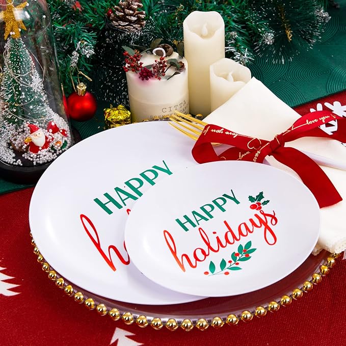 Supernal 150pcs Christmas Plastic Plates Disposable Holiday Plates,Christmas Dinnerware with Xmas Plate,White and Gold Plastic Silverware, Disposable Party Plate with "Happy Holiday"