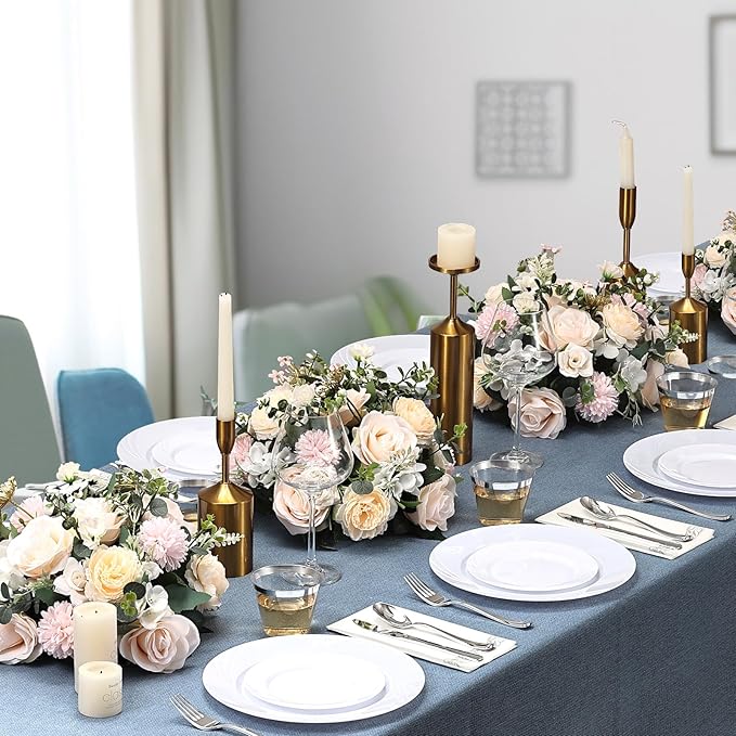 700-Piece White Swirls Plastic Dinnerware Set for 100 Guests, Elegant Disposable Dinnerware for Party, Wedding. Includes 10.25" Dinner Plates, 6.5" Dessert Plates, Silverware, Napkins, Cups