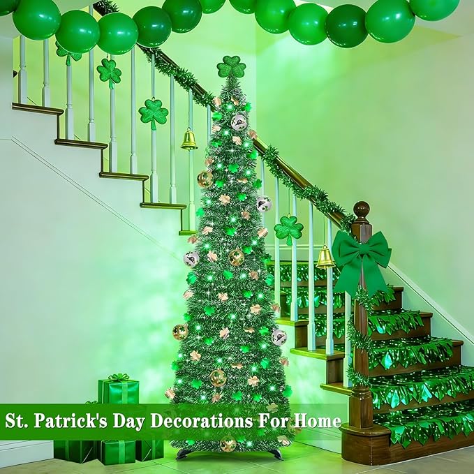 Timer & Shamrock - St Patricks Day Decorations, 5Ft Lighted St Patricks Day tree with 50 LED Green Lights 12 Balls Ornaments Battery Operated Pop Up Tinsel Collapsible Tree for Home Porch Office Party