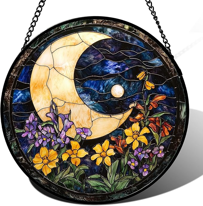 Stained Glass Window Hanging - Blue Night Sky Moon Suncatcher for Door Terrace Garden Home Decor Wildflowers Sun Catcher Birthday Gifts for Lovers Women Men Dad Mom Nana 15 in