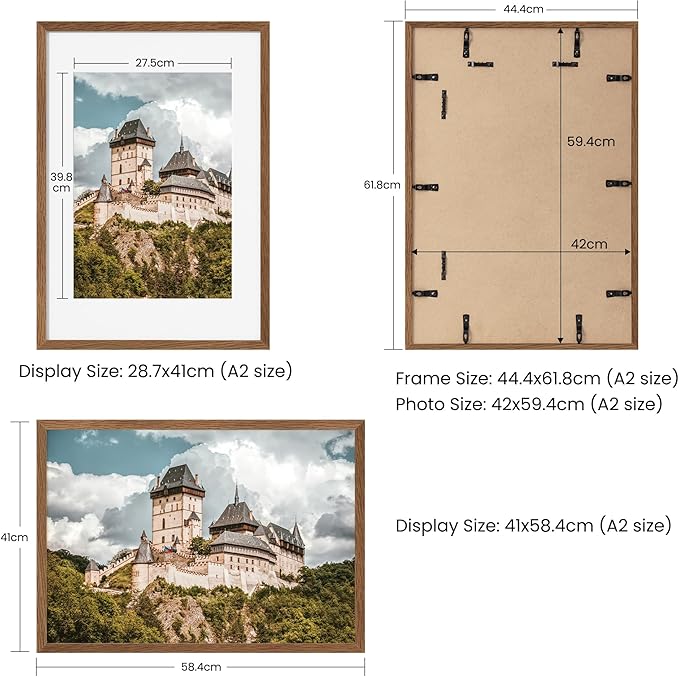 Axeman A2 Picture frame, Solid Oak Wood 16.5 x 23.5 inch Poster Frames with Mat 11.7 x 16.5 for Photo, A2 Size Frames Matted to A3 Print, 16.5 by 23.4 Hanging Frames, Tempered Glass, Walnut