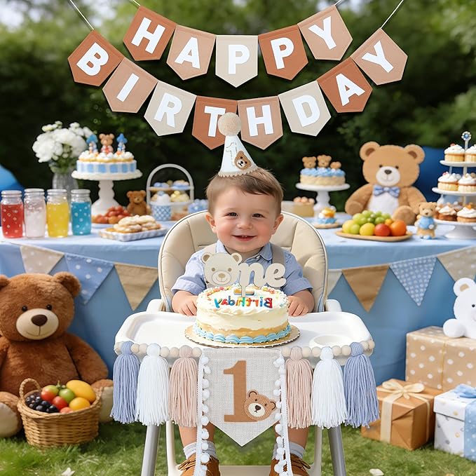 Bear First Brown Felt Happy Birthday High Chair Banner Pre-strung Birthday Hanging Decoration With Birthday Hat One Cake Topper For 1st Birthday Party Decor