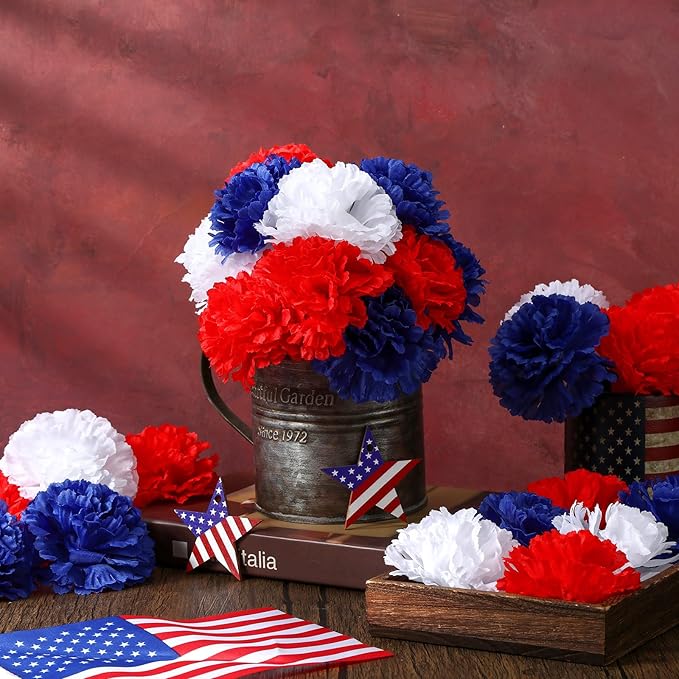 180 Pcs Red Blue White Carnations Artificial Memorial Flowers with 6" Stem Patriotic Fake Silk Carnation Bulk for Cemetery Veterans Day 4th of July Decoration Wreaths DIY Crafts