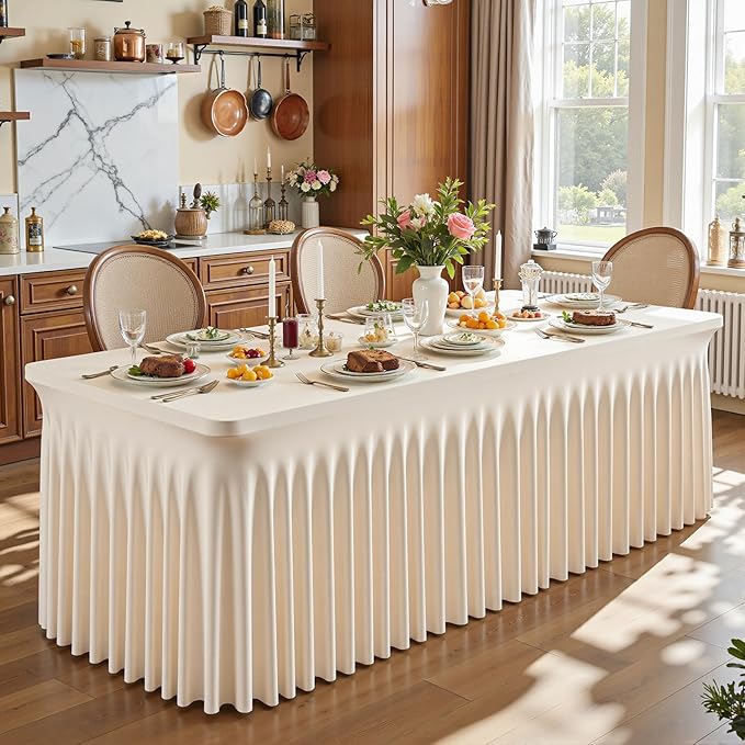 2 Packs Light Champagne Table Clothes for 8 Foot Rectangle Tables, One-Piece Wrinkle Resistant Stretch Spandex Table Covers with Skirt for Event Banquet Wedding Birthday Party