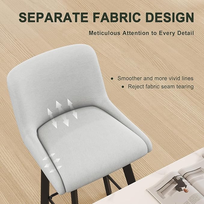 Swivel Bar Stools Set of 2, 29''H Upholstered Barstools with Backs, Modern Counter Height Bar Stool Chairs for Kitchen Island, Metal Legs, Fabric, Light Gray Counter Stools