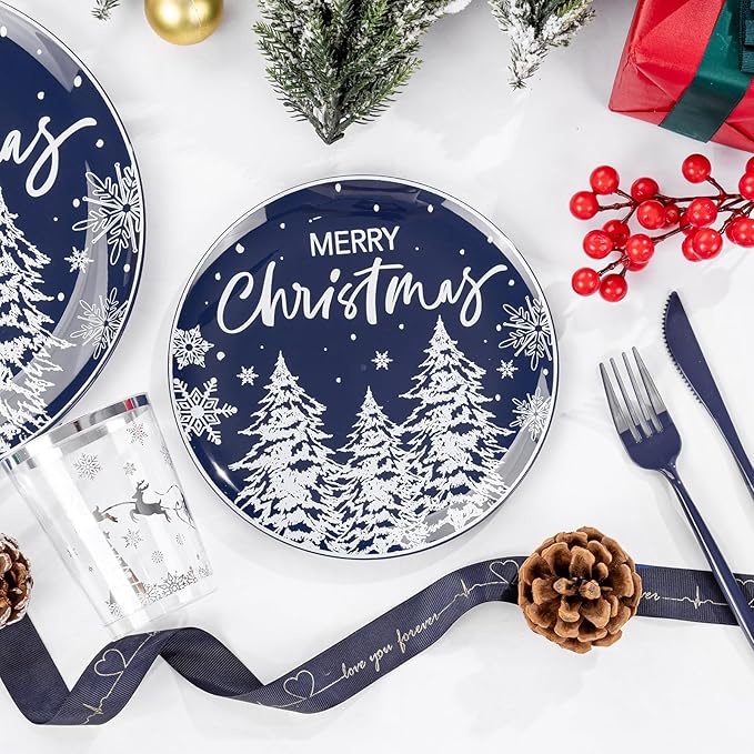 Supernal 150pcs Blue Christmas Plastic Plates - Christmas Party Tableware Set Include Blue Plastic Plates with White Xmas Trees, Heavy Duty Silverware Disposable, Silver Cups for New Year