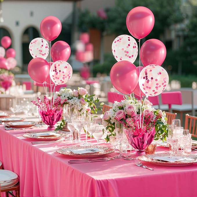 6 Set Hot Pink Table Balloons Foil Spray Centerpiece with Hot Pink and Confetti Balloons Stand Kit for Birthday Party Graduation Baby Shower Wedding Bridal Shower Prom Table Decorations