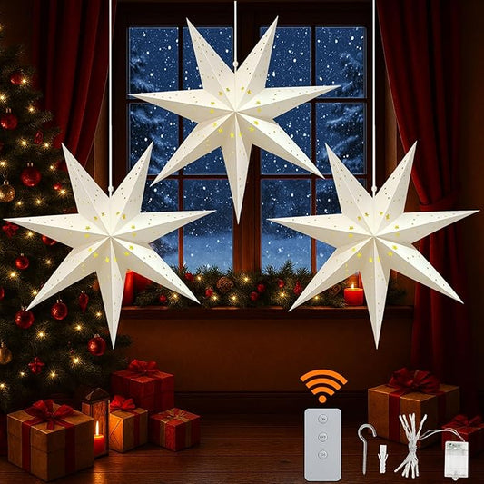 3 Pack 23" Paper Star Lantern with LED Lights, 7-Point Hanging Star Light for Christmas Advent Wedding Birthday–Classic White 3D Paper Lantern with Remote for Indoor Outdoor Decor