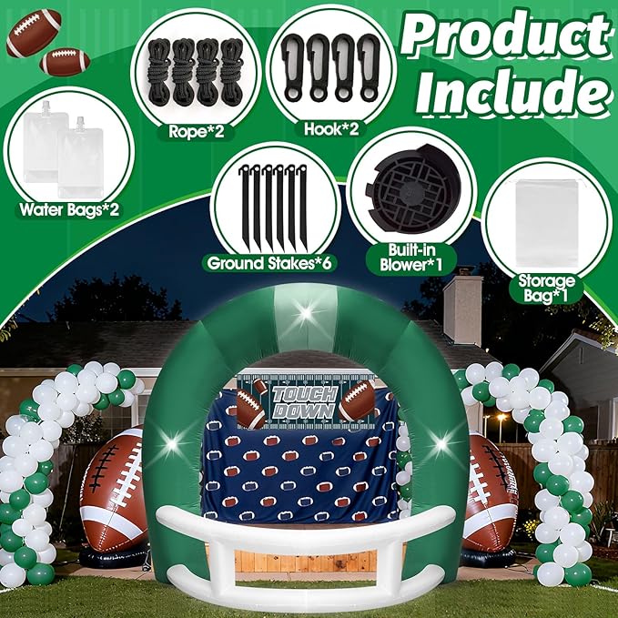 8FT Green and White Football Helmet Inflatable Arch with Game Day Banner, Giant Outdoor Blow Up Football Helmet with Built-in 3 LED Lights for Football Themed Birthday Party Lawn Yard Decoration