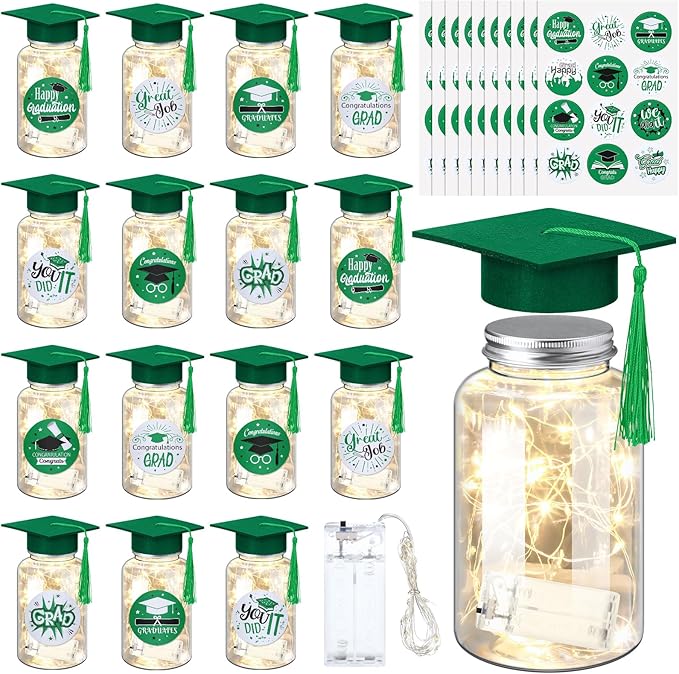 Boao 16 Sets Graduation Table Decoration Set with LED Light up Graduation Decorations for Class of 2026, Grad Jar, Felt Grad Hat and Stickers for High School College(Green)