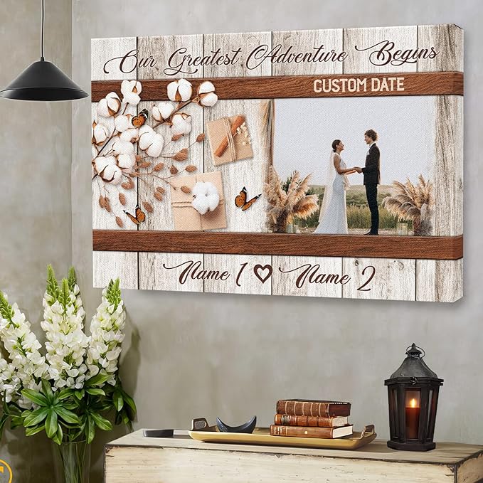 Dem Canvas Personalized Couple Canvas Prints, Custom Love Photo And Name, Our Greatest Adventure Begins, Wedding Gifts For Couple Anniversary Engagement Gift For Couples