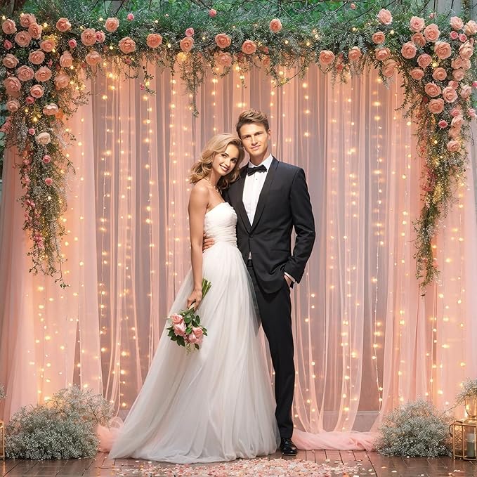 30x8ft Peach Tulle Backdrop Curtain with Lights String for Parites, Sheer Photo Backdrop Curtains with Lights for Wedding Backdrop Ceremony Reception Bridal Shower Baby Shower Birthday Party