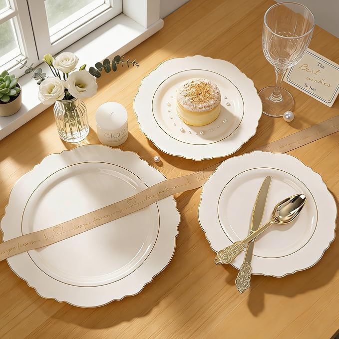 Liacere 350PCS Ivory Plastic Plates - Cream Disposable Plates With Gold Rim - 50Guest Baroque Plastic Dinnerware include 100 Plates - 50 Pack Pre Rolled Napkins with Silverware 50Cups for Easter