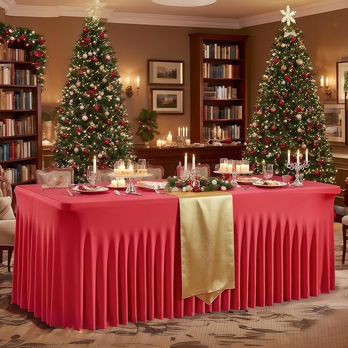 Wish Care 2 Pack Red Spandex Table Clothes for 6 Foot Rectangle Tables, 6FT Wrinkle Free Fitted Tablecloths Ruffles Design Table Cover for Party, Banquet, Wedding and Events