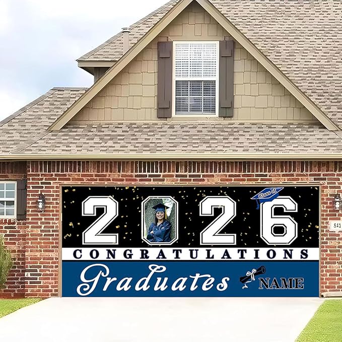 Custom Graduation Garage Door Banner Decoration 7x16ft with Photo Congrats Garage Door Cover 2026 Party Photo Booth Backdrop Party Supplies(Blue)