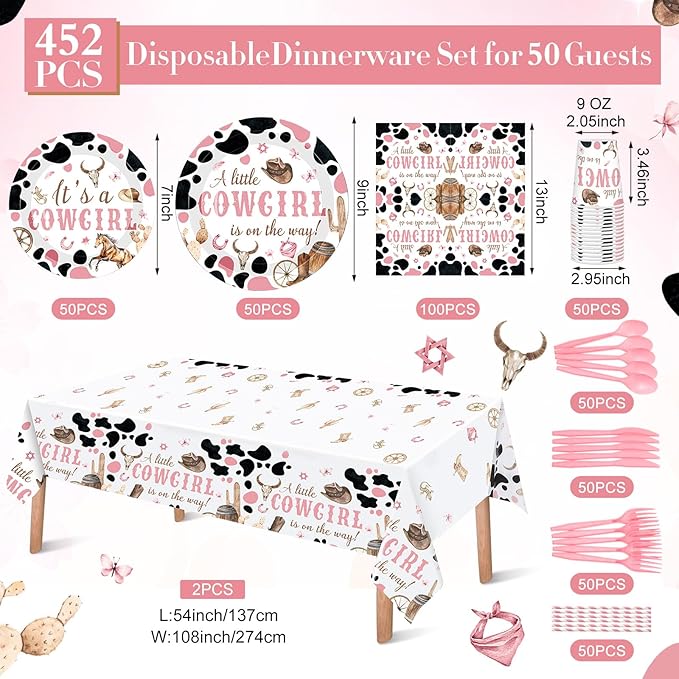 452 Pcs Cowgirl Baby Shower Party Decorations Include a Little Cowgirl Is on the Way Paper Plates Napkins Cups Tablecloth Cutlery Straws for Baby Shower Party Supplies
