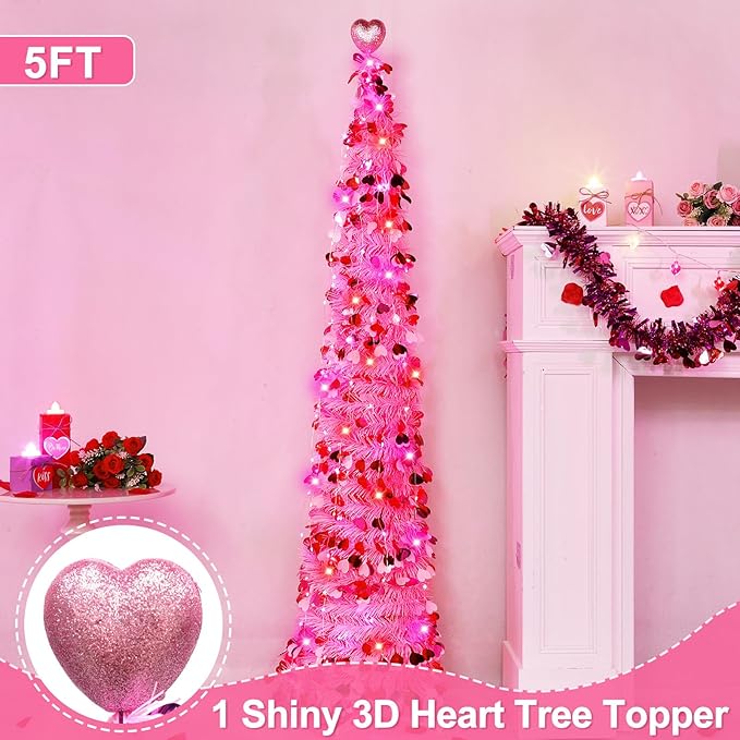 Valentines Day Decorations 5Ft Pink Valentines Christmas Tree with Lights Timer Battery Operated Pop Up Artificial Tree with Heart Ornaments, Heart Topper Decorations for Indoor Home Outdoor Office