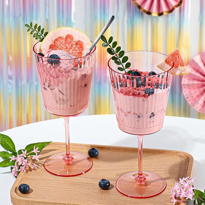 12 PCS Pink Plastic Wine Glasses with Removable Stems 13.5 Oz Pink Ribbed Wine Glasses Square White Wine Glass Muted Pastel Colors Goblets Elegant Fluted Glassware for Wedding Anniversary Birthday