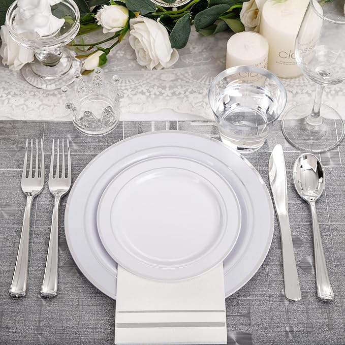 NOCCUR 700PCS Silver Plastic Plates Disposable for 100 Guests - Include 100 Dinner/Dessert White Plastic Plates with Silver Trim,300 Cutlery,100 Cups,100 Napkins for Party&Wedding