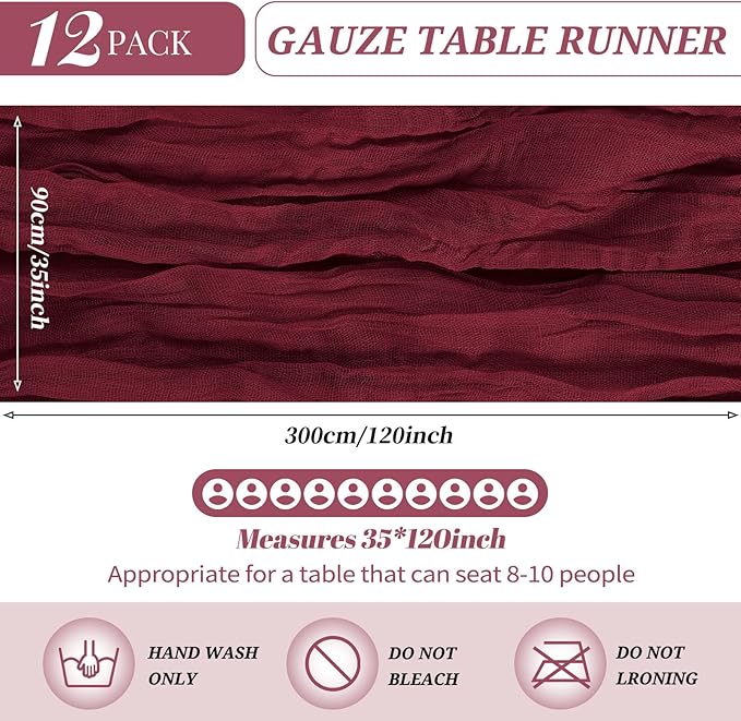 12 Pack Cheesecloth Table Runner 35 x 120 inch Long Boho Cheese Cloth Gauze Table Runners Semi Sheer Table Runner for Wedding Decor, Bridal Shower, Birthday Party (Burgundy)