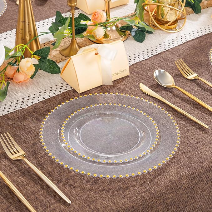 LIYH 150 Pcs Clear and Gold Plastic Plates - Elegant Disposable Gold Plastic Dinnerware set Include Dinner & Dessert Plates for Birthday Party Wedding 30 Guests