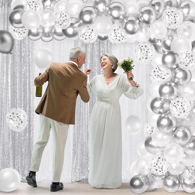 137 Pcs White Silver Party Backdrop Kits - 4 Sequin Backdrop Curtain 133 Balloon Garland Kit Photo Prop Background for Wedding Anniversary Winter Wonderland Birthday Baby Shower