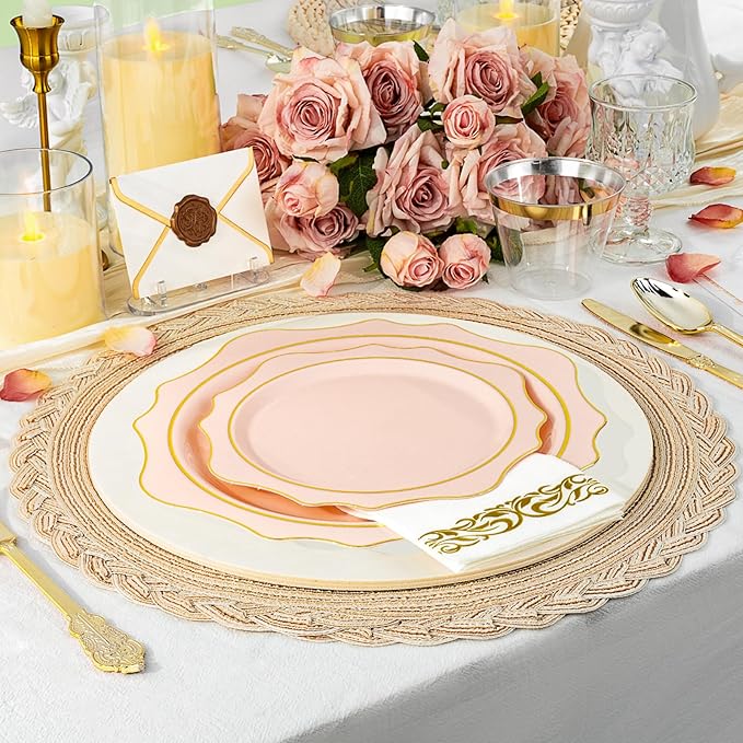 350 PCS Pink and Gold Plastic Plates, Gold Disposable Plates for 50 Guests, Includes 100 Disposable Plates, 50 Cups, 150 Silverwares, and 50 Napkins for Party, Wedding and Graduation