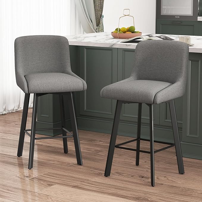 Swivel Bar Stools Set of 4, 26''H Upholstered Barstools with Backs, Modern Counter Height Bar Stool Chairs for Kitchen Island, Metal Legs, Fabric, Gray Counter Stools