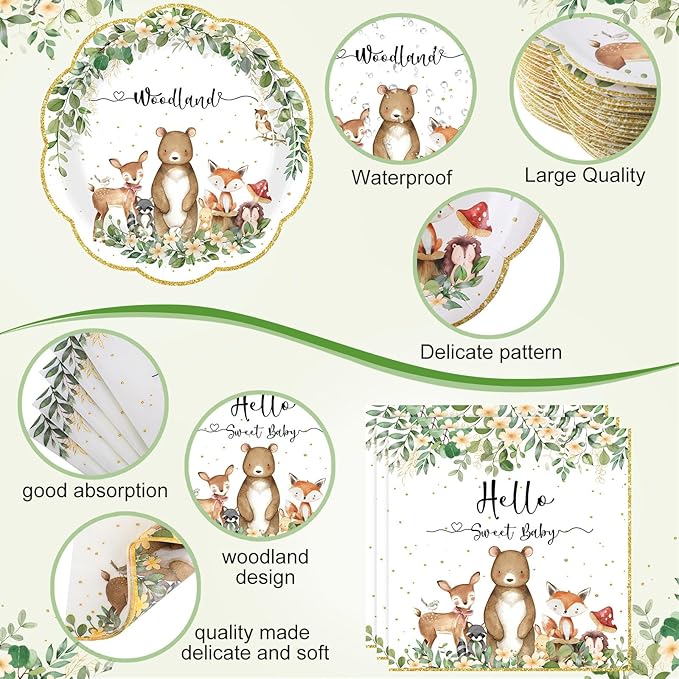 452 Pcs Woodland Baby Shower Decorations for 50 Guests, Forest Animals Woodland Paper Plates Napkins Cups Tablecloth Cutlery Straws for Neutral Forest Animal Baby Shower Party Supplies