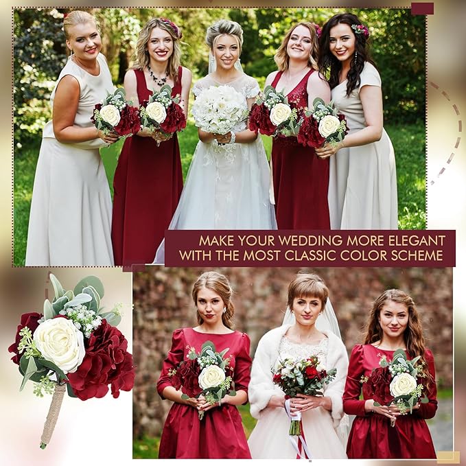 Artificial Flowers Bridesmaid Bouquets - Set of 4 Bridesmaid Bouquet Burgundy White Handmade Silk Floral Bouquet for Wedding Ceremony Anniversary, Bridal Shower, Home Table Decorations