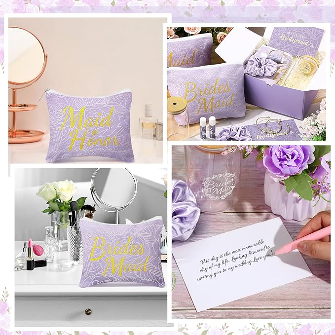54 Pcs Bridesmaid Proposal Gifts, Maid of Honor Gift Include Wedding Gift Box Makeup Bag Invited Card Glass Cup Lip Balm Scrunchie Bracelet for Bridal Shower Bachelorette Party(Purple)