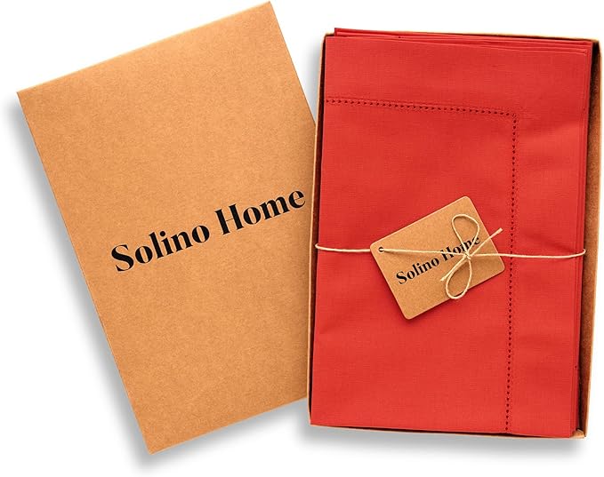 Solino Home Cotton Linen Napkins Set of 4 - Hemstitch Poppy Red Dinner Napkins Cloth 20 x 20 Inch for Valentines - Handcrafted and Machine Washable