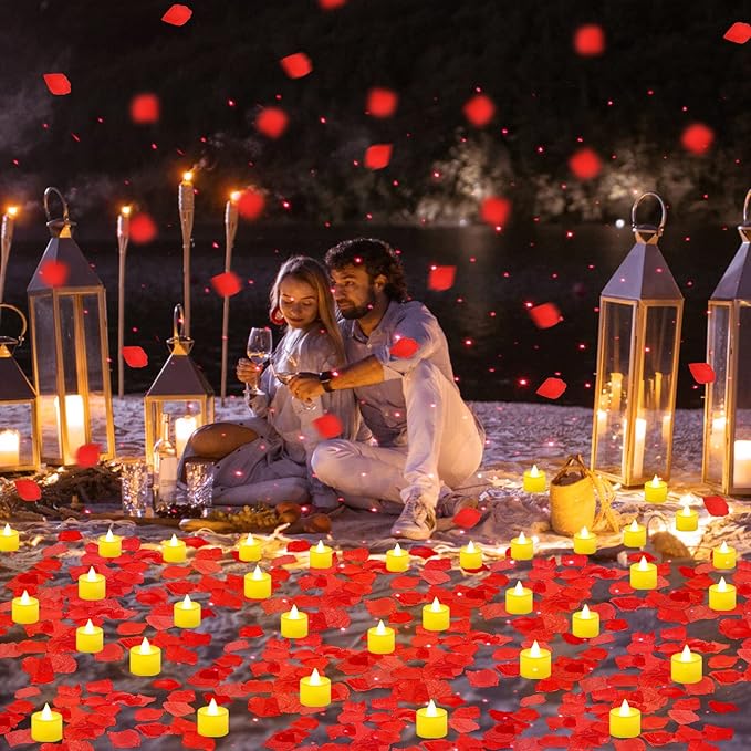 Hanaive 8000 Pcs Artificial Rose Petals with 120 Pcs Flameless LED Tea Light Candles Set Romantic Special Night Decorations for Proposal Anniversary Wedding Valentines Decor(Classic Color)