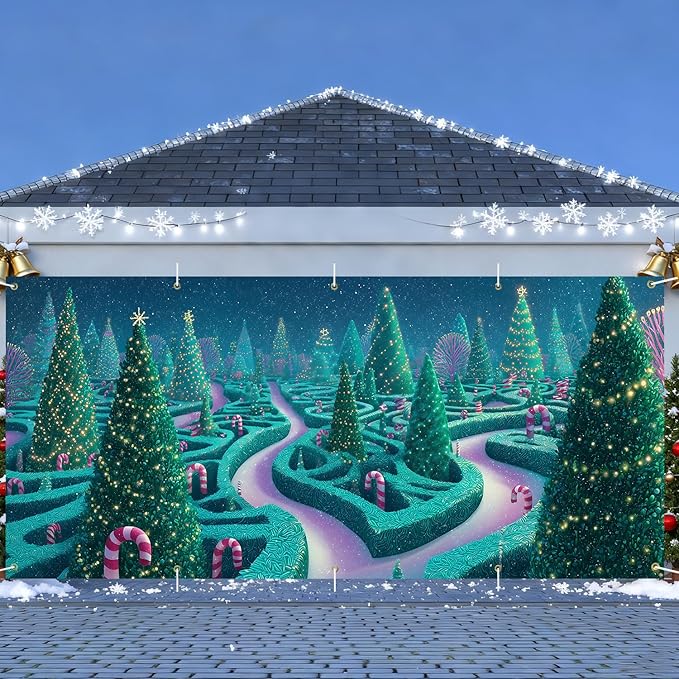 Christmas Maze with Trees Garage Door Banner 7x16FT, Winter Wonderland Holiday Scene, Outdoor Xmas Decoration for Garage Doors, Large Garage Cover for Christma