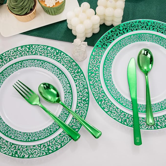 U-QE 150PCS Green St Patricks Day Plates with Plastic Silverware, Green Disposable Plates for 30 Guests Include 30 Dinner Plates, 30 Salad Plates,30 Guests Silverware Perfect for Party