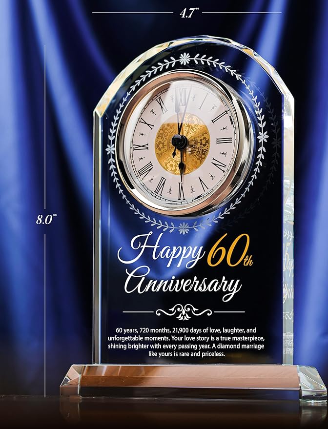60th Wedding Anniversary Crystal Quartz Clock,60 Years of Marriage Gift,Happy Diamond Anniversary Decoration Gift,for Parents,Grandparents,Couple