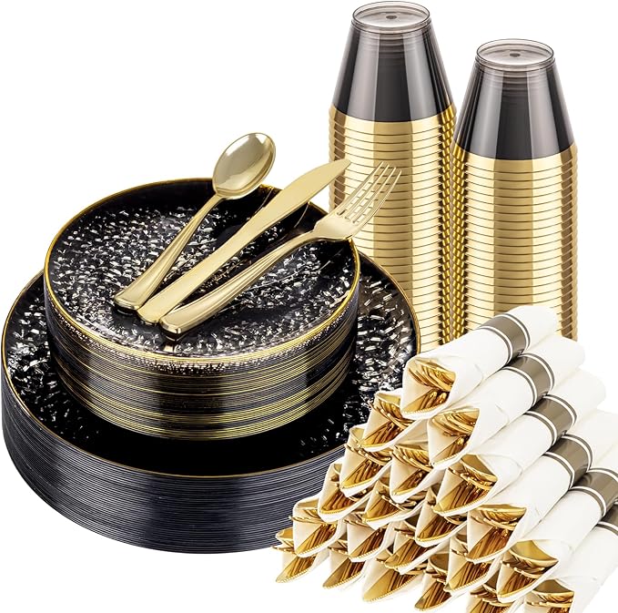 Hioasis 175pcs Black Gold Plastic Plates - Black Plastic Dinnerware Set Includes 25 Dinner Plate, 25 Dessert Plate, 25 Cups, 25 Napkins Perfect for Wedding & New Year