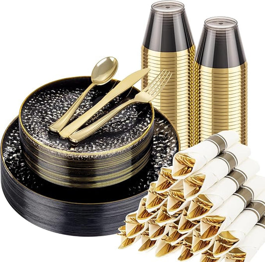 Hioasis 175pcs Black Gold Plastic Plates - Black Plastic Dinnerware Set Includes 25 Dinner Plate, 25 Dessert Plate, 25 Cups, 25 Napkins Perfect for Wedding & New Year