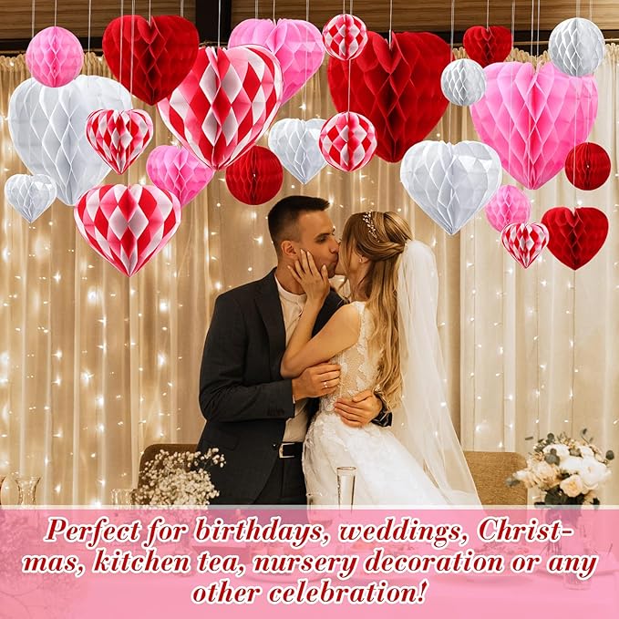 48 Pcs Valentine's Day Paper Heart Shaped Honeycomb Party Decorations Red Pink White Color Blocking Round Heart Tissue Paper Pom Poms for Birthday Wedding Decorations, 5 Size