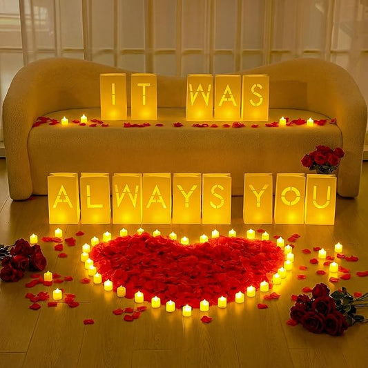 6086 Pcs It was Always You Light up Letters with LED Flameless Tealight Candle Red Rose Petal Letter Luminary Paper Bag for Valentine's Day Decoration Proposal Romantic Special Night Decor
