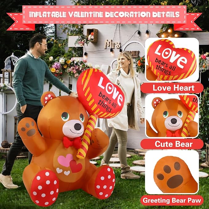 LETIME 4FT Valentines Day Inflatable Outdoor Decorations Bear Holding Heart Balloon LED Lighted Blow-up Yard Decor Romantic for Party Birthday Anniversary Wedding Propose