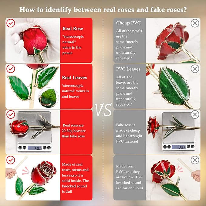 Valentine Gift Real Rose Dipped 24K Gold ，Best Valentines Rose Gift for Her Wife Mother Women，Forever 24k Rose with Crystal Stand-Red