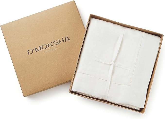 D'Moksha Homes Ivory Linen Tablecloth for Rectangle Tables 60 x 90 Inch - 100% Pure Linen Ivory Table Cloth - Classic Hemstitch, Machine Washable Tablecloth for Valentines, Spring, Easter