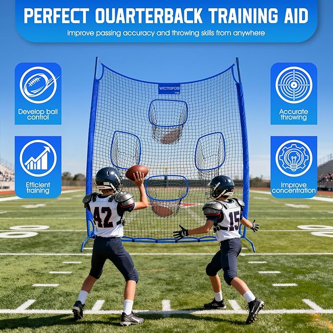 Football Throwing Net, Upgrade Heavy Duty Metal Frame Quarterback Training Equipment Throwing Machine with 1-4 Targets, Easy Setup Football Target Practice with CarryBag, Allweather Indoor Outdoor Use