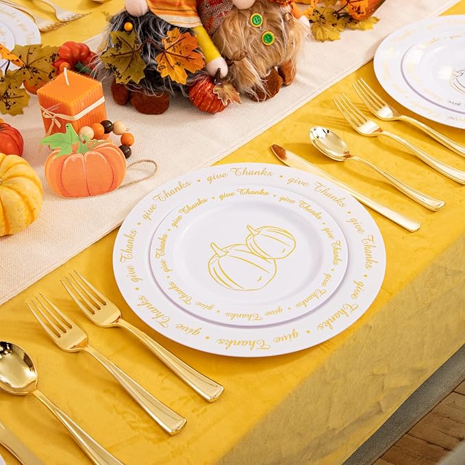 supernal 60pcs Thanksgiving Plastic Plates,Thanksgiving Plates with Gold Pumpkin Design, Fall Party Plate Bulk Include 7.5" Dessert Plate,10.25" Disposable Dinner Plato for Friendgiving Party