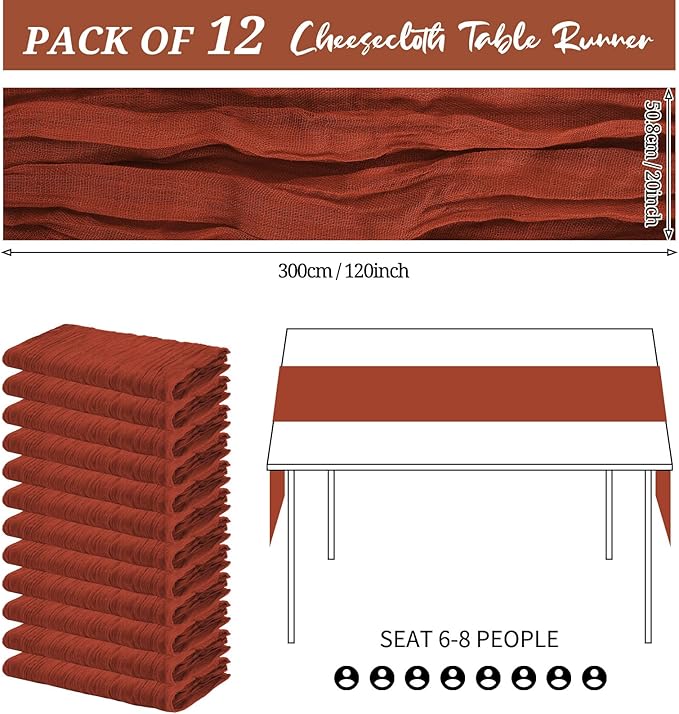 12 Pack Cheesecloth Table Runner 20 x 120 inch Cheese Cloth Table Runner Bulk,Romantic Boho Sheer Gauze Fabric Table Runners for Wedding Reception,Party,Bridal Shower Table Decor(Terracotta)