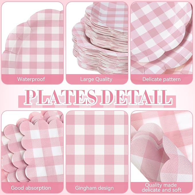 452 Pcs Pink Gingham Party Supplies for 50 Guests, White and Pink Checkered Paper Plates Napkins Cups Tablecloth Cutlery Straws for Picnic Birthday Baby Shower Wedding Party Decoration