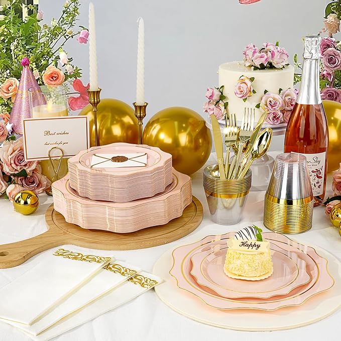 350 PCS Pink and Gold Plastic Plates, Gold Disposable Plates for 50 Guests, Includes 100 Disposable Plates, 50 Cups, 150 Silverwares, and 50 Napkins for Party, Wedding and Graduation