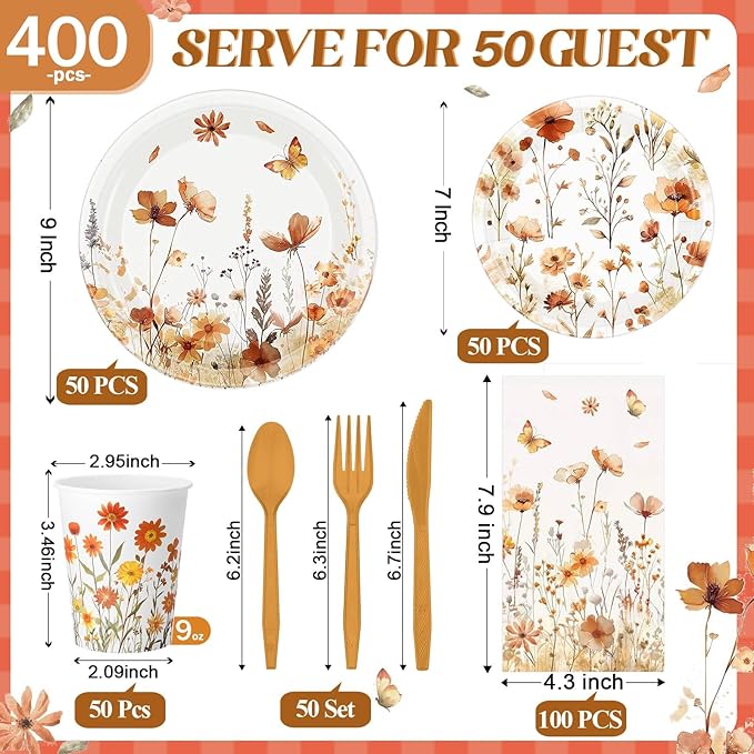 400 Pcs Fall Wild Floral Disposable Paper Plates Napkins Cups Serve 50 Floral Tableware Set for Autumn Thanksgiving Harvest Wedding Tea Party Decoration Bridal Shower Baby Shower