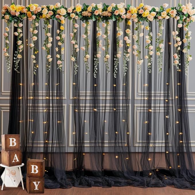20x8ft Black Tulle Backdrop Curtain with Lights String for Parites, Sheer Photo Backdrop Curtains with Lights for Wedding Backdrop Ceremony Reception Bridal Shower Baby Shower Birthday Party